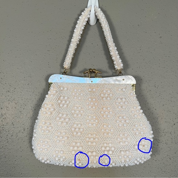 VTG 8x11 Beaded Purse White Gold John Wind Hong Kong Bakelite Pearl - Picture 9 of 10